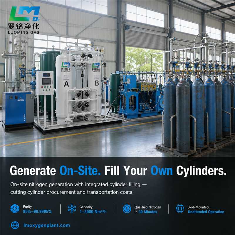 Luo Ming PSA medical oxygen generator with twin towers A and B, buffer tank and control cabinet installed in a hospital equipment room