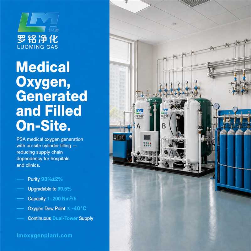Luoming Gas PSA medical oxygen generation with on-site cylinder filling: purity 93%±2%, capacity 1-200 Nm3/h, dual-tower continuous supply