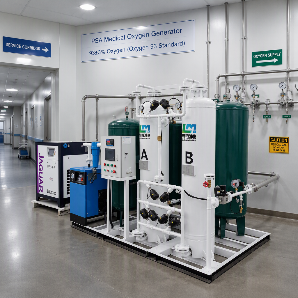 PSA medical oxygen generator with dual towers A and B, air compressor, dryer and control cabinet installed in a hospital service area